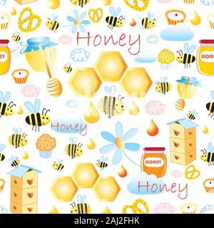 Lovely seamless pattern with bees and honey on a light background. Design with honey combs and bees. Stock Vector