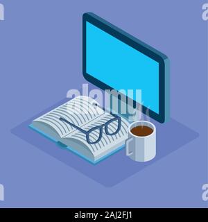 computer with book, glasses and coffee mug, colorful design Stock Vector