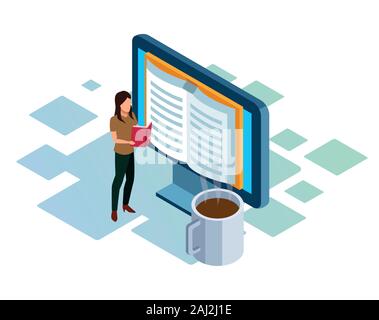 woman reading a book, big computer and coffee mug, colorful design Stock Vector