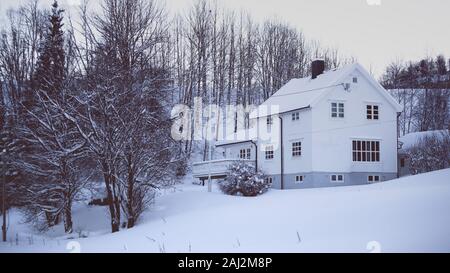 traditional norwegian wooden house and forest with mountain in the distance. Norway. world travel Stock Photo