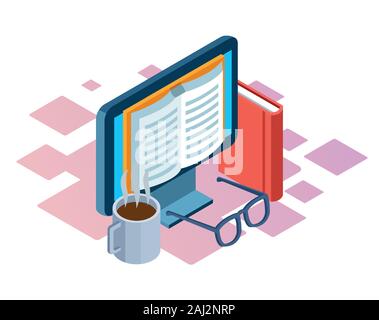 coffee mug, book and computer with book on screen, colorful design Stock Vector
