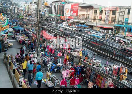 power lines at the mainroad at the Thai Border in the town of Mae Sai on the Border to Myanmar in the Chiang Rai Province in North Thailand.   Thailan Stock Photo