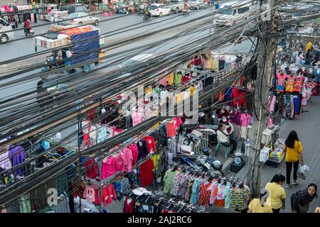 power lines at the mainroad at the Thai Border in the town of Mae Sai on the Border to Myanmar in the Chiang Rai Province in North Thailand.   Thailan Stock Photo