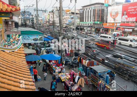 power lines at the mainroad at the Thai Border in the town of Mae Sai on the Border to Myanmar in the Chiang Rai Province in North Thailand.   Thailan Stock Photo