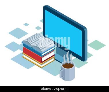 computer, books stack and coffee mug Stock Vector