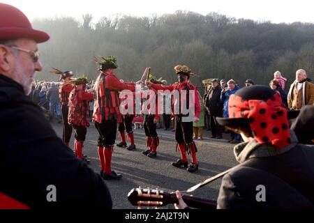 The Ironmen & Severn Gilders dancing on the Ironbridge in Shropshire New Years Day 20202 Stock Photo