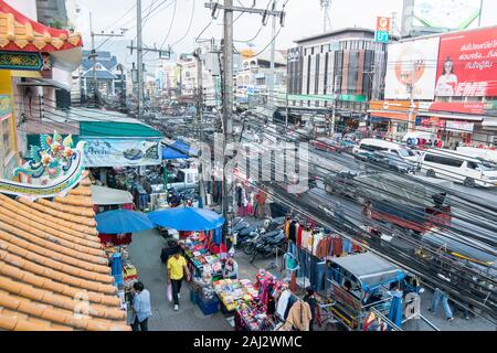 power lines at the mainroad at the Thai Border in the town of Mae Sai on the Border to Myanmar in the Chiang Rai Province in North Thailand.   Thailan Stock Photo