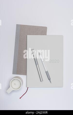 2020 Diary on a white background with various props. 30.12.2019 Please credit: Phillip Roberts Stock Photo