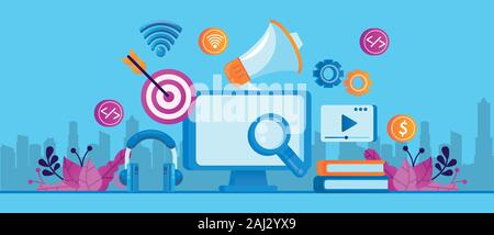 desktop with social media marketing icons Stock Vector