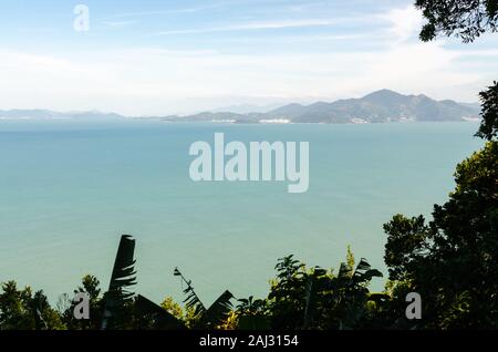 A view of calm Atlantic ocean with vegetation in the foreground Stock Photo