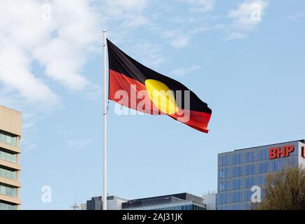 The Australian Aboriginal flag flying in Victoria Square, Adelaide, South Australia