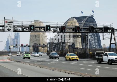 Traffic moving on the Sydney Harbour Bridge, Australia. Stock Photo