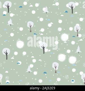 Cute Pattern winter snowy trees on background with snowflakes and small hills. Hand Drawn. Great for wall art design, wrapping, fabric, textile, pillo Stock Vector