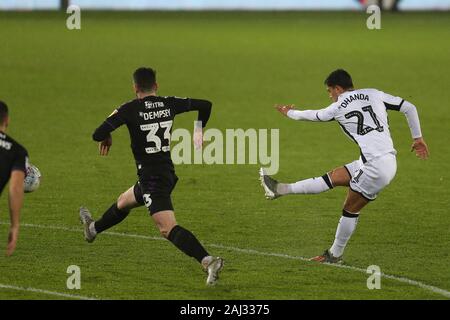 Swansea, UK. 02nd Jan, 2020. Yan Dhanda of Swansea city shoots and scores his teams 1st goal. EFL Skybet championship match, Swansea city v Charlton Athletic at the Liberty Stadium in Swansea, South Wales on Thursday 2nd January 2020. this image may only be used for Editorial purposes. Editorial use only, license required for commercial use. No use in betting, games or a single club/league/player publications. pic by Andrew Orchard/Andrew Orchard sports photography/Alamy Live news  Stock Photo