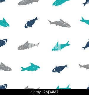 Vector white simple cute shark pen sketch repeat pattern. Great for baby apparel fabric. Stock Vector