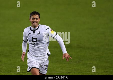 Swansea, UK. 02nd Jan, 2020. Yan Dhanda of Swansea city celebrates after he scores his teams 1st goal. EFL Skybet championship match, Swansea city v Charlton Athletic at the Liberty Stadium in Swansea, South Wales on Thursday 2nd January 2020. this image may only be used for Editorial purposes. Editorial use only, license required for commercial use. No use in betting, games or a single club/league/player publications. pic by Andrew Orchard/Andrew Orchard sports photography/Alamy Live news  Stock Photo