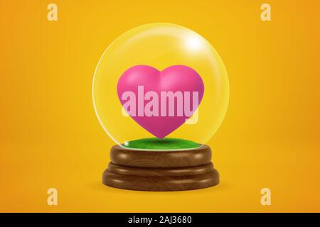 3d rendering of pink heart inside glass ball globe on amber background. St. Valentine's Day. Dating and relationship. Romantic gifts. Stock Photo