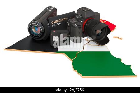 Travel and photo, video shooting in Kuwait. Digital camera, camcorder and action camera on Kuwait map. 3D rendering isolated on white background Stock Photo