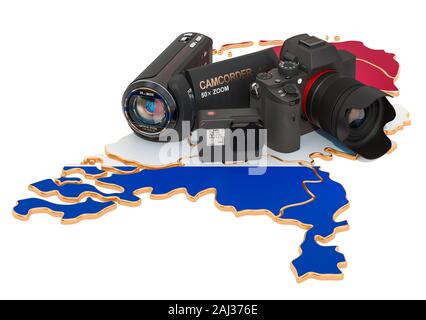 Travel and photo, video shooting in the Netherlands. Digital camera, camcorder and action camera on the Netherlands map. 3D rendering isolated on whit Stock Photo
