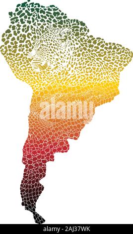 Jaguar and crocodile on the color map of South America Stock Vector