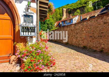 ALSACE WINE REGION, FRANCE - SEP 19, 2019: Typical restaurant in Kaysersberg village which is located on Alsatian Wine Route, France.