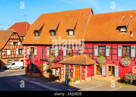 ALSACE WINE REGION, FRANCE - SEP 20, 2019: Traditional restaurant in Beblenheim village which is located on Alsatian Wine Route, France. Stock Photo