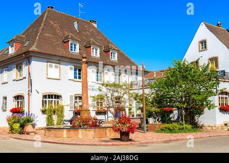 ALSACE WINE REGION, FRANCE - SEP 20, 2019: Typical restaurant in Ammerschwihr village which is located on Alsatian Wine Route, France. Stock Photo