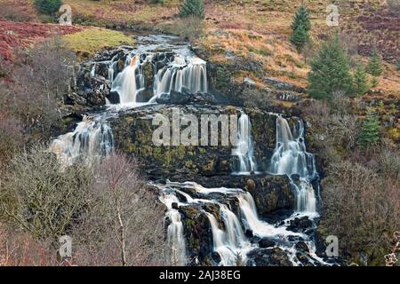 Loup of Fintry waterfall in central Scotland, UK. This is a 95 foot waterfall in 3 main sections. Landscape orientation. Stock Photo