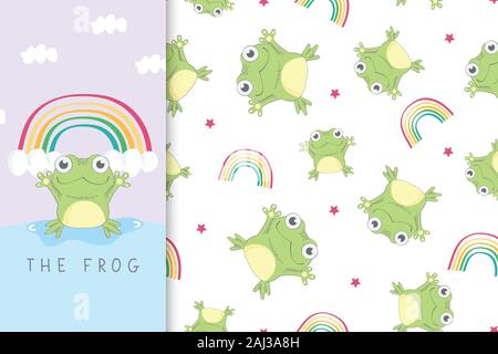 Seamless pattern with frog and the rainbow. Creative pattern texture for fabric, wrapping, textile, wallpaper, apparel. Stock Vector