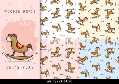 Vector seamless pattern with funny wood horse in pastel colors. Creative pattern texture for fabric, wrapping,wallpaper, apparel Stock Vector