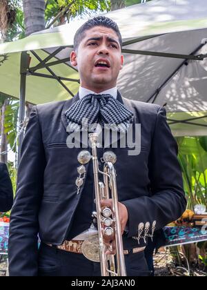 Mexican mariachi band playing happy, iconic, traditional music at private, Mexican-American birthday party, San Diego, southern California, USA Stock Photo