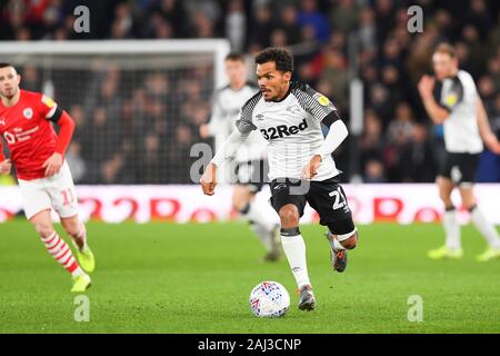 Derby, Derbyshire, UK;. 2nd Jan 2020. DERBY, ENGLAND - JANUARY 2ND Duane Holmes (23) of Derby County during the Sky Bet Championship match between Derby County and Barnsley at the Pride Park, Derby on Thursday 2nd January 2020. (Credit: Jon Hobley | MI News) Photograph may only be used for newspaper and/or magazine editorial purposes, license required for commercial use Credit: MI News & Sport /Alamy Live News Stock Photo