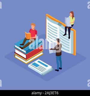 group of mini people reading books Stock Vector