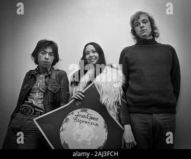 Andrew Loyd Webber, Yvonne Elliman and Tim Rice promoting Jesus Christ Superstar, London, 1970 Stock Photo