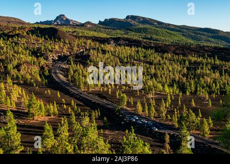 View from the top of Samara crater at sunset in Teide National Park towards the pine forest with some cars parked at the side of the road.