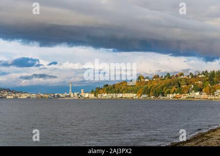 A view of condos at Alki Beach and the Seattle skyline. Stock Photo