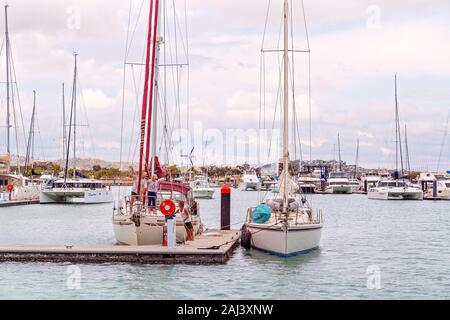 Yeppoon, Queensland, Australia - December 2019: Pleasure boats anchored at moorings at the marina Stock Photo