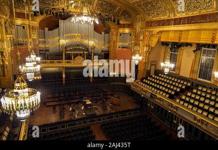 The organ and the richly decorated ceiling at main hall of the Franz ...