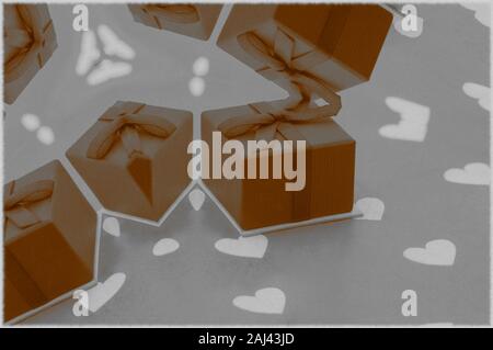 Image with multiple gift boxes with a bow on a background with white hearts, image for Valentine's Day Stock Photo