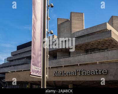 LONDON, UK - SEPTEMBER 29, 2018:  Exterior view of the National Theatre with sign