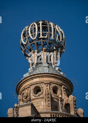 LONDON, UK - SEPTEMBER 29, 2019:   Close-Up of the tower close up of the London Coliseum theatre in St Martin's Lane - home of the English National Op Stock Photo