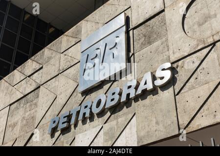 Petrobras state oil company logo on building facade in downtown Rio de Janeiro, Brazil Stock Photo