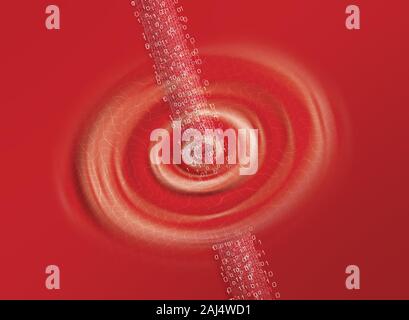 Jet of binary information of numbers 1 and 0 in white of different sizes crossing a round cloud with waves like a galaxy on a red background Stock Photo