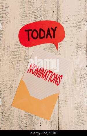 Text sign showing Nominations. Business photo text the act of officially suggesting someone for a job or position Front view open envelop speech bubbl Stock Photo