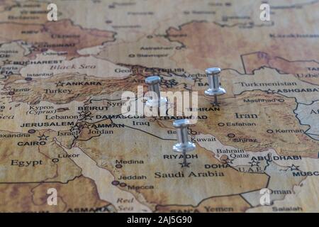 world map with map pins in some capital cities Stock Photo