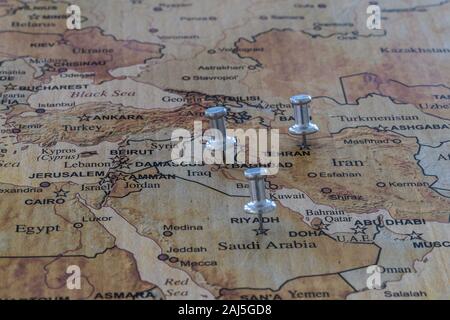 world map with map pins in some capital cities Stock Photo