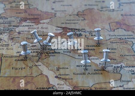 world map with map pins in some capital cities Stock Photo