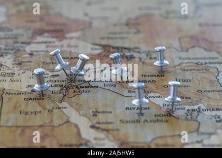 world map with map pins in some capital cities Stock Photo