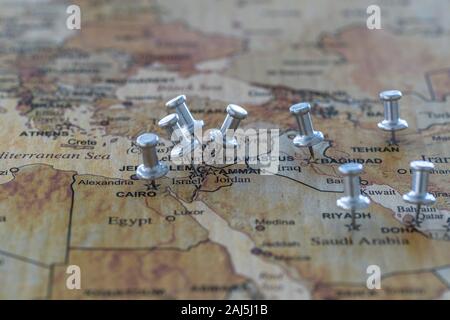 world map with map pins in some capital cities Stock Photo