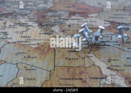 world map with map pins in some capital cities Stock Photo